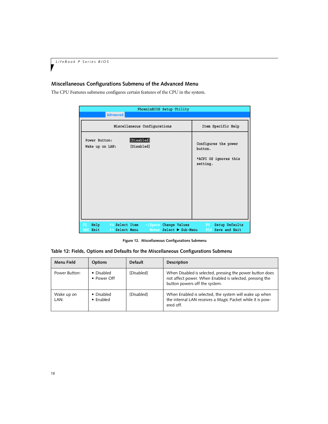 Fujitsu P2120 manual Miscellaneous Configurations Submenu of the Advanced Menu 