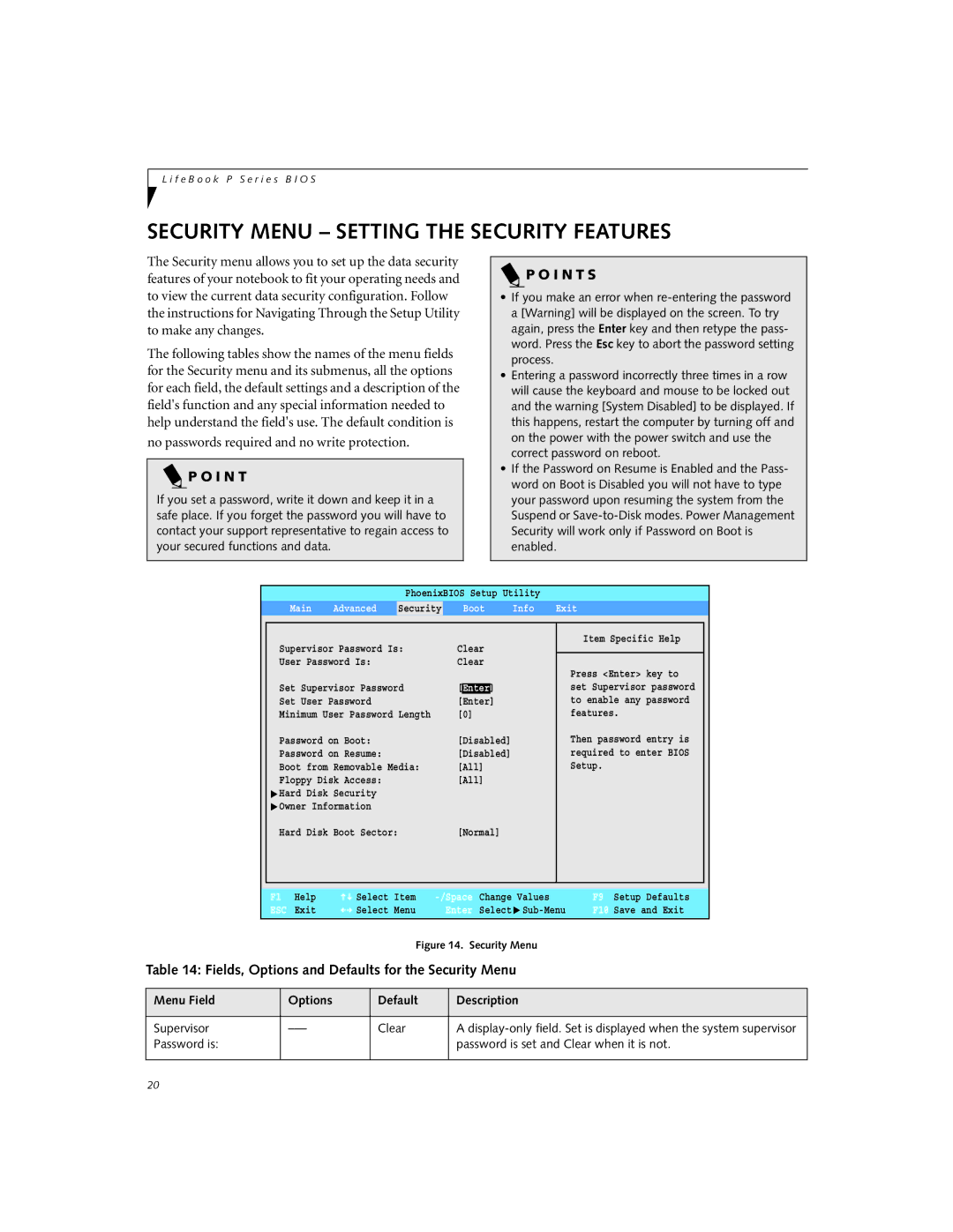 Fujitsu P2120 manual Security Menu Setting the Security Features, Fields, Options and Defaults for the Security Menu 