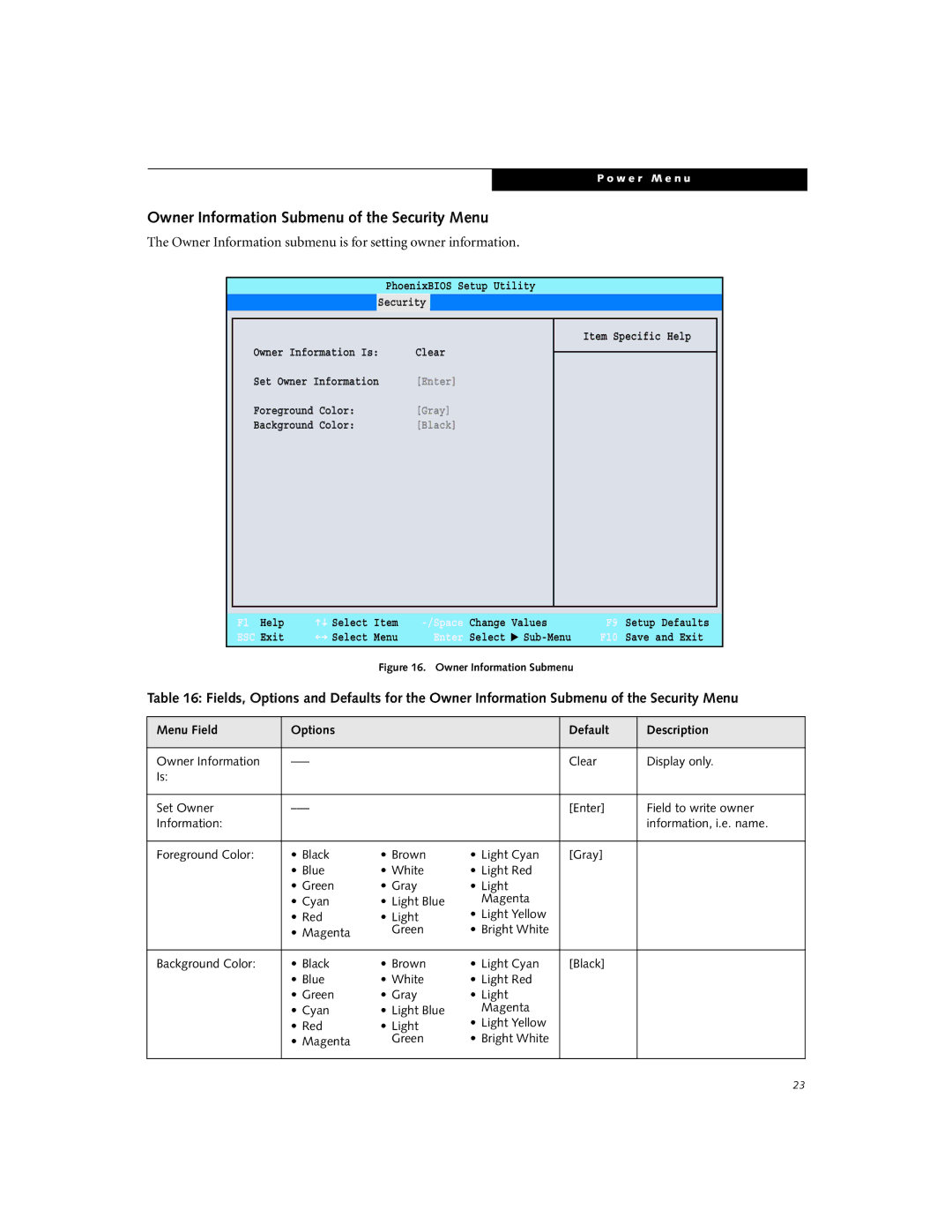 Fujitsu P2120 Owner Information Submenu of the Security Menu, Owner Information submenu is for setting owner information 