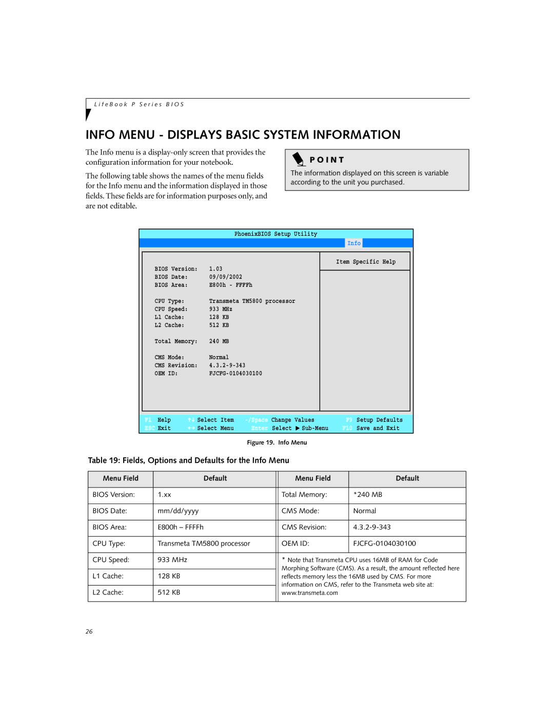 Fujitsu P2120 manual Info Menu Displays Basic System Information, Fields, Options and Defaults for the Info Menu 