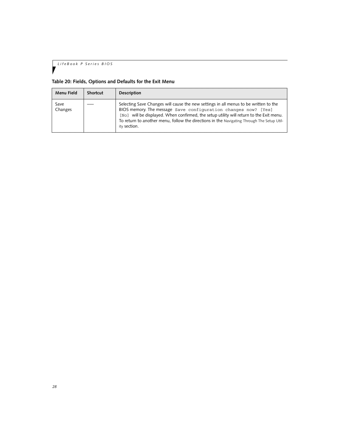 Fujitsu P2120 manual Bios memory. The message Save configuration changes now? Yes 