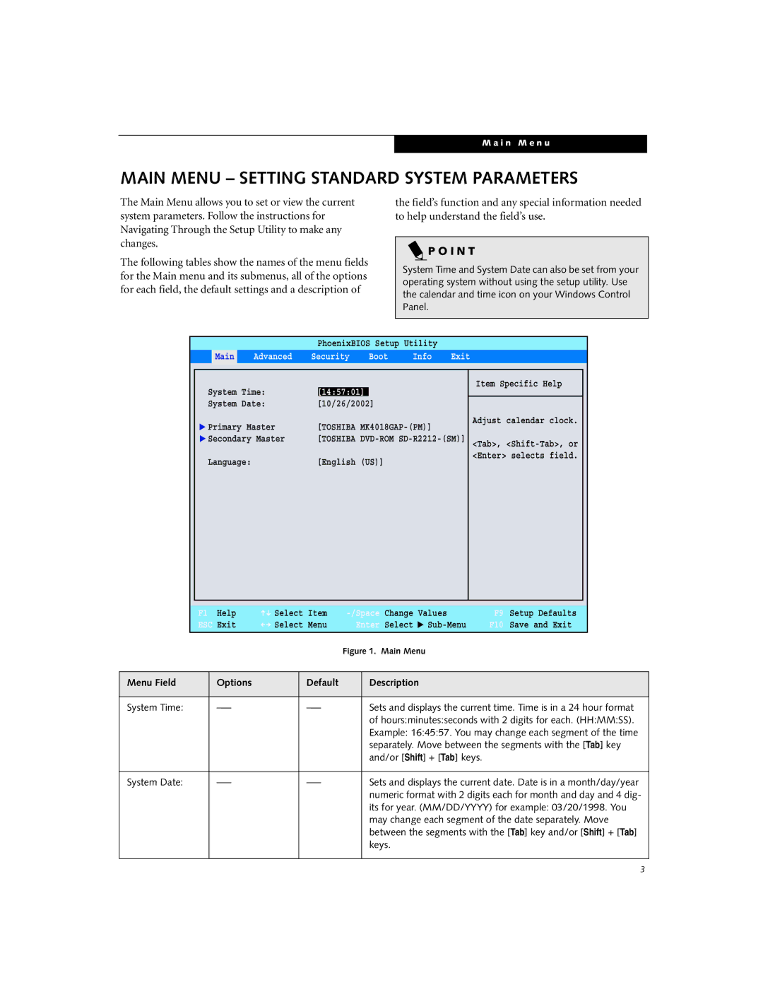 Fujitsu P2120 manual Main Menu Setting Standard System Parameters, I N T 