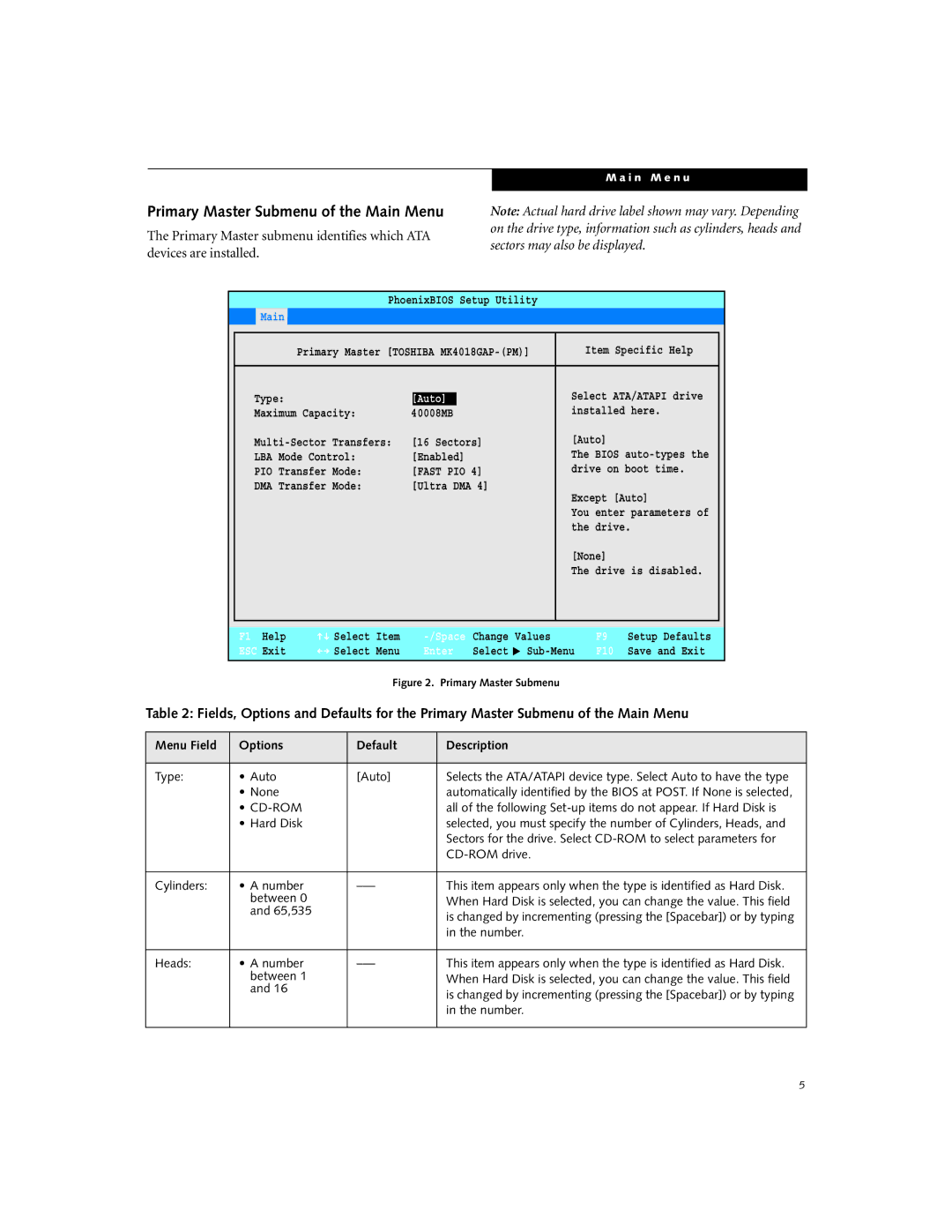 Fujitsu P2120 manual Primary Master Submenu of the Main Menu, Exit 