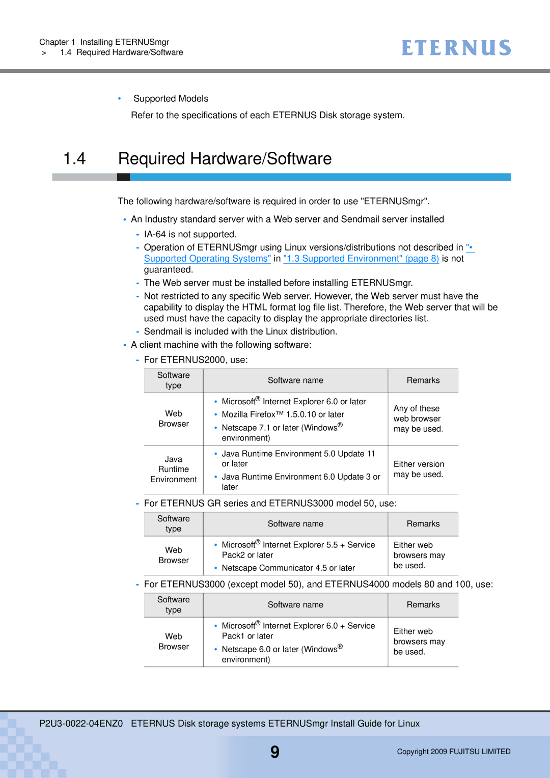 Fujitsu P2U3-0022-04ENZ0 manual Required Hardware/Software, For Eternus GR series and ETERNUS3000 model 50, use 