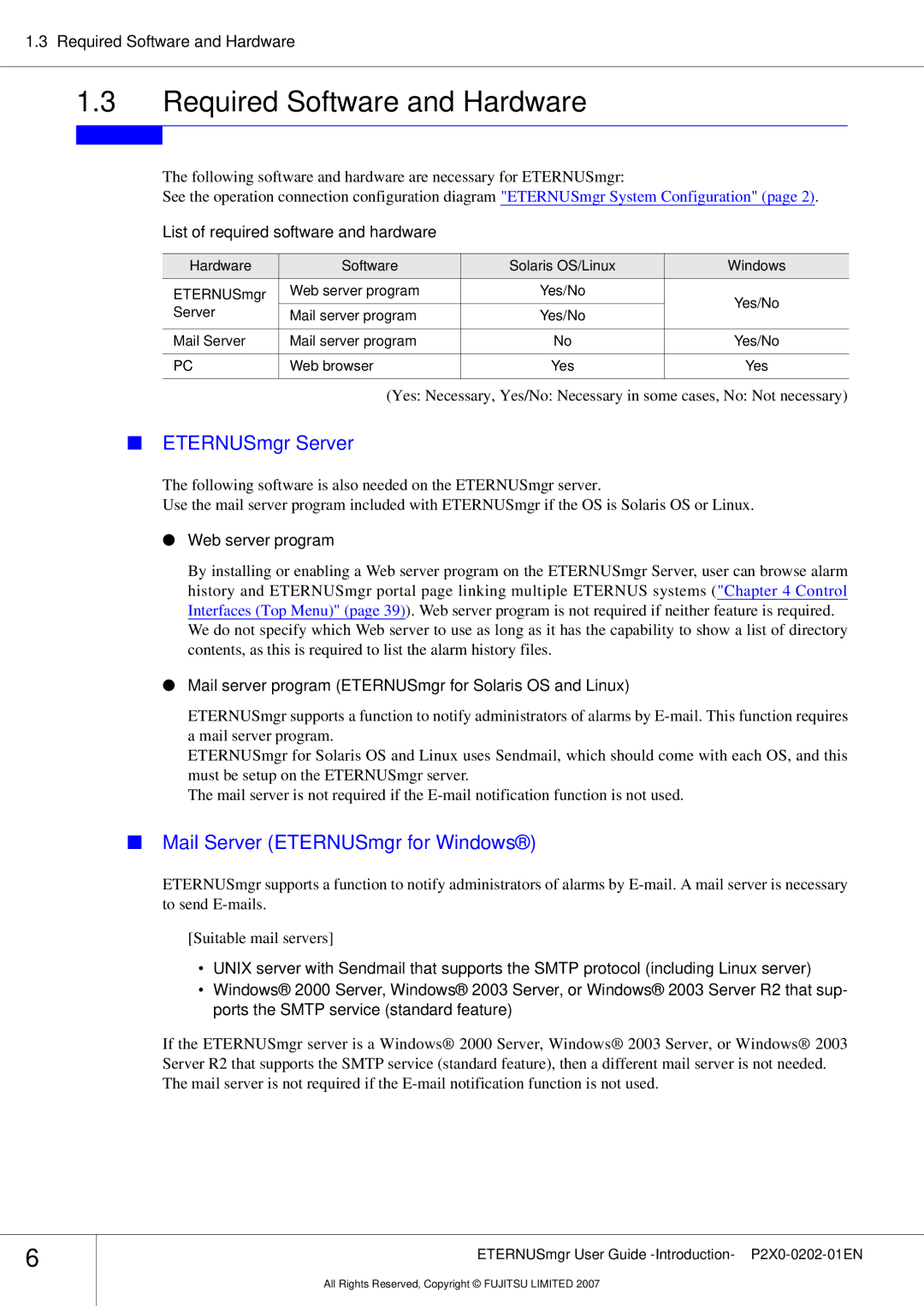 Fujitsu P2X0-0202-01EN manual Required Software and Hardware, ETERNUSmgr Server, Mail Server ETERNUSmgr for Windows 