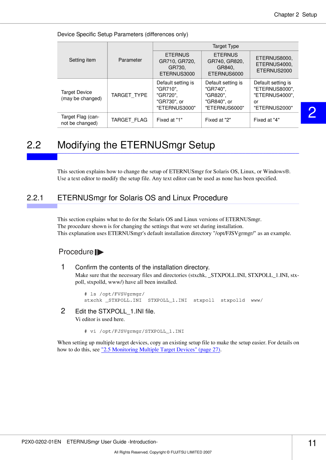 Fujitsu P2X0-0202-01EN manual Modifying the ETERNUSmgr Setup, ETERNUSmgr for Solaris OS and Linux Procedure 