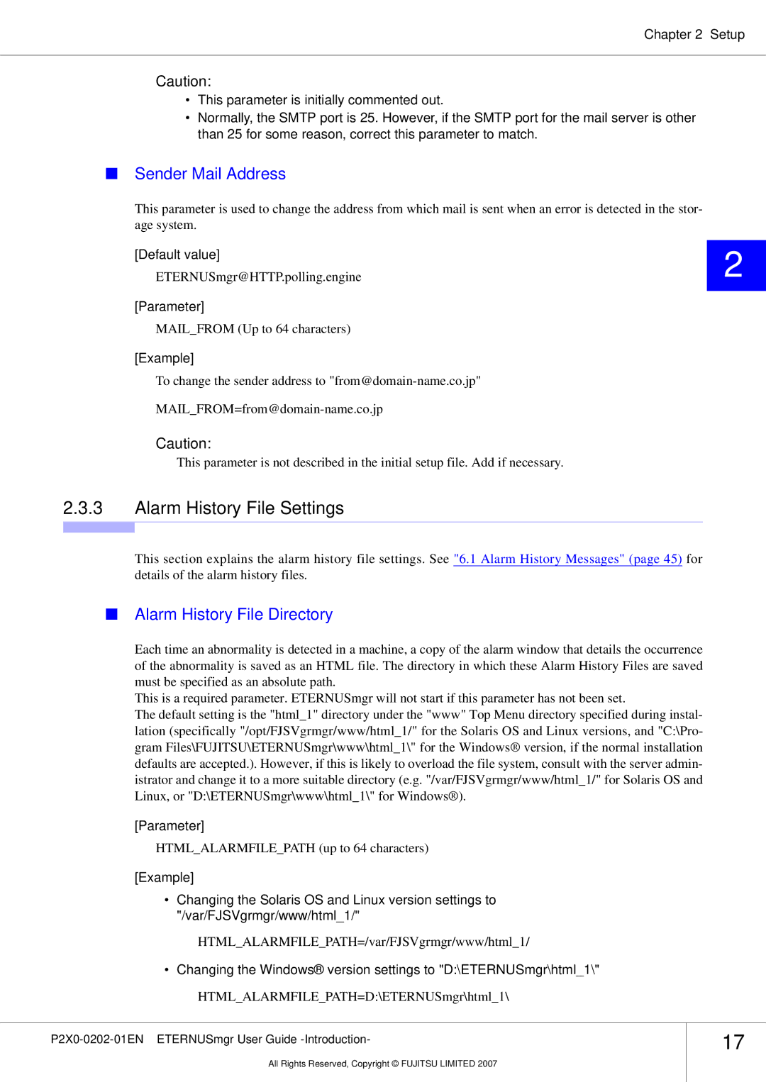 Fujitsu P2X0-0202-01EN manual Alarm History File Settings, Sender Mail Address, Alarm History File Directory 