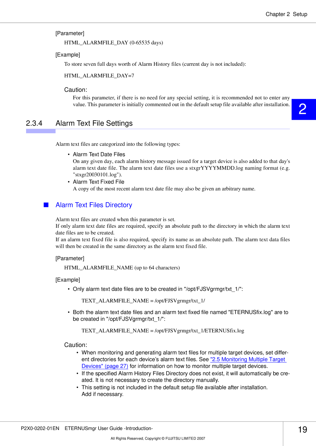 Fujitsu P2X0-0202-01EN manual Alarm Text File Settings, Alarm Text Files Directory, Setup Parameter, Alarm Text Date Files 