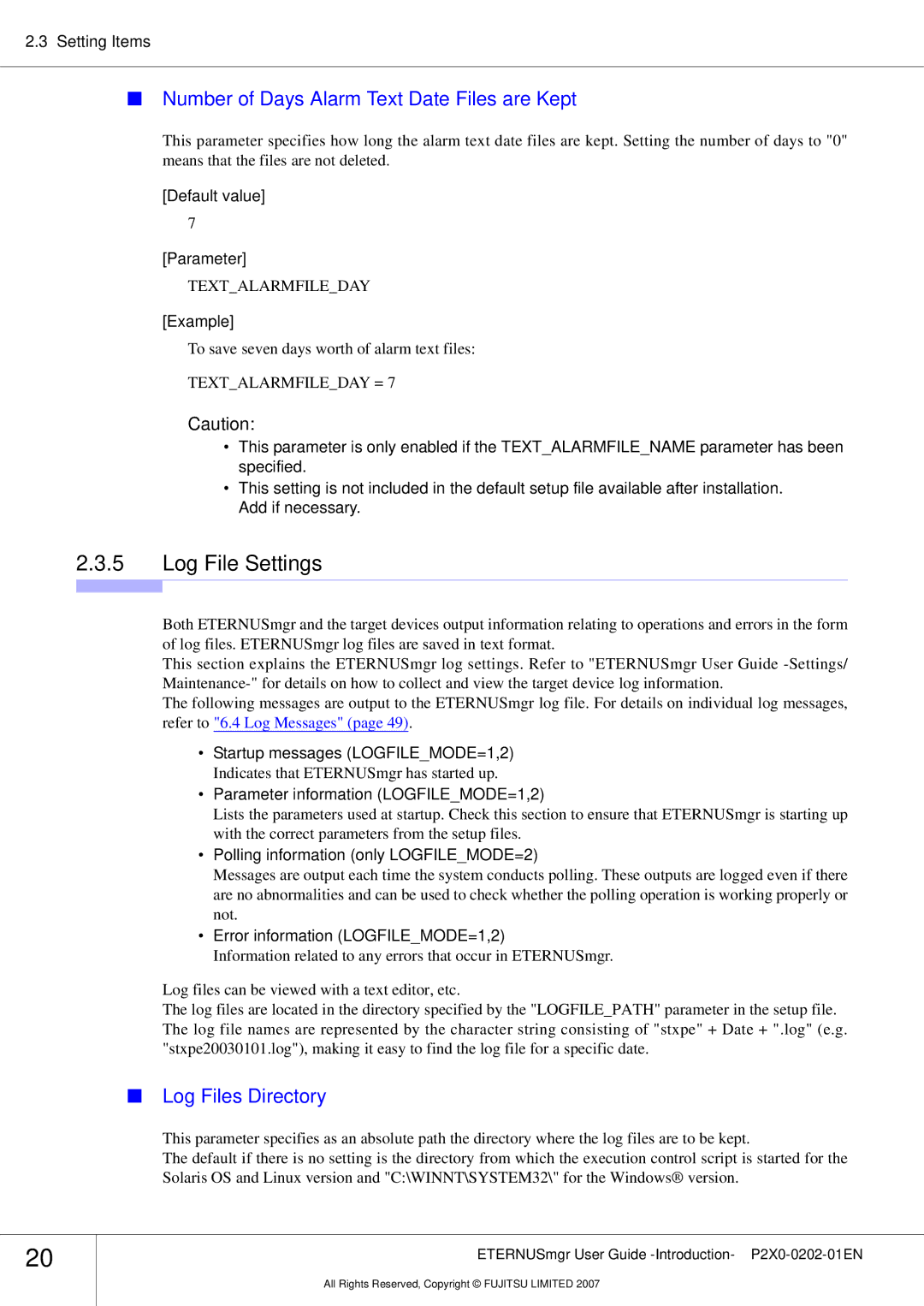 Fujitsu P2X0-0202-01EN manual Log File Settings, Number of Days Alarm Text Date Files are Kept, Log Files Directory 