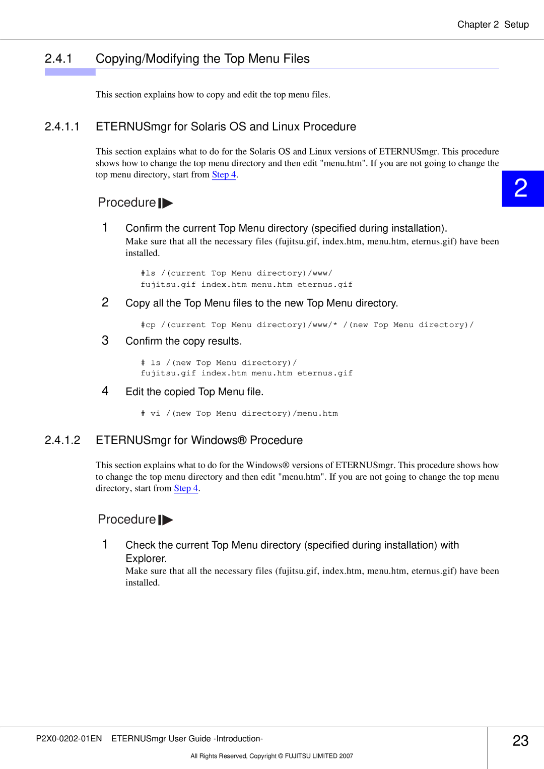 Fujitsu P2X0-0202-01EN manual Copying/Modifying the Top Menu Files, ETERNUSmgr for Solaris OS and Linux Procedure 