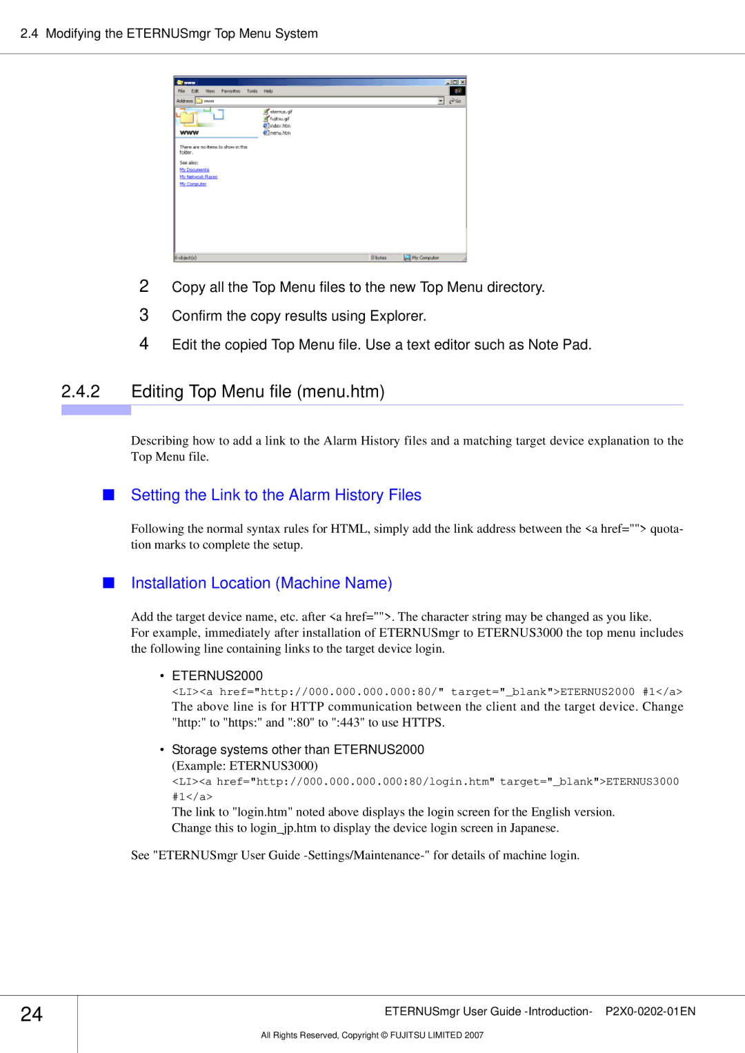 Fujitsu P2X0-0202-01EN Editing Top Menu file menu.htm, Setting the Link to the Alarm History Files, Example ETERNUS3000 