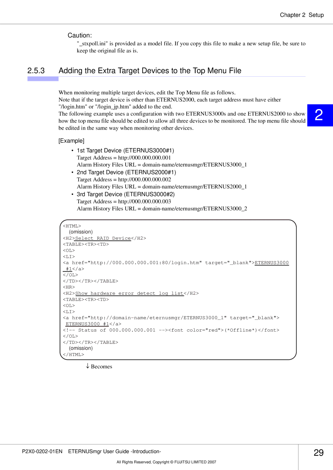 Fujitsu P2X0-0202-01EN manual Adding the Extra Target Devices to the Top Menu File, Example 1st Target Device ETERNUS3000#1 