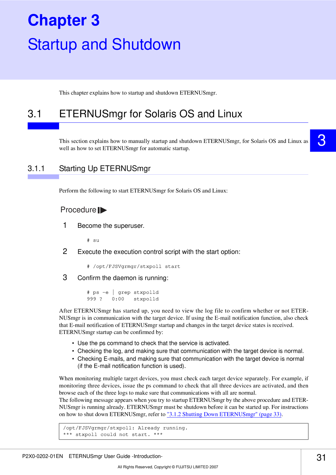 Fujitsu P2X0-0202-01EN manual Startup and Shutdown, ETERNUSmgr for Solaris OS and Linux, Starting Up ETERNUSmgr 