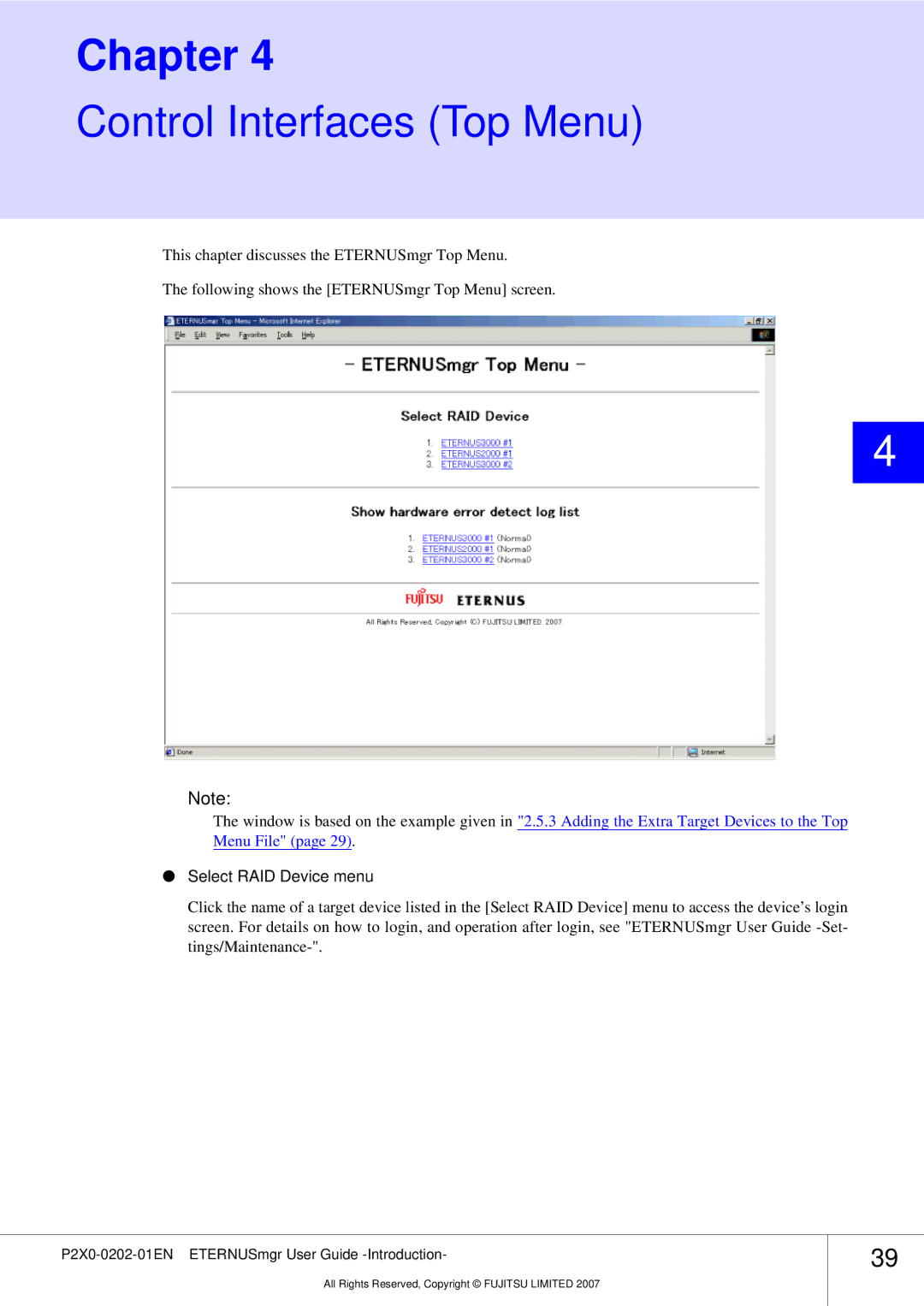 Fujitsu P2X0-0202-01EN manual Control Interfaces Top Menu, Select RAID Device menu 