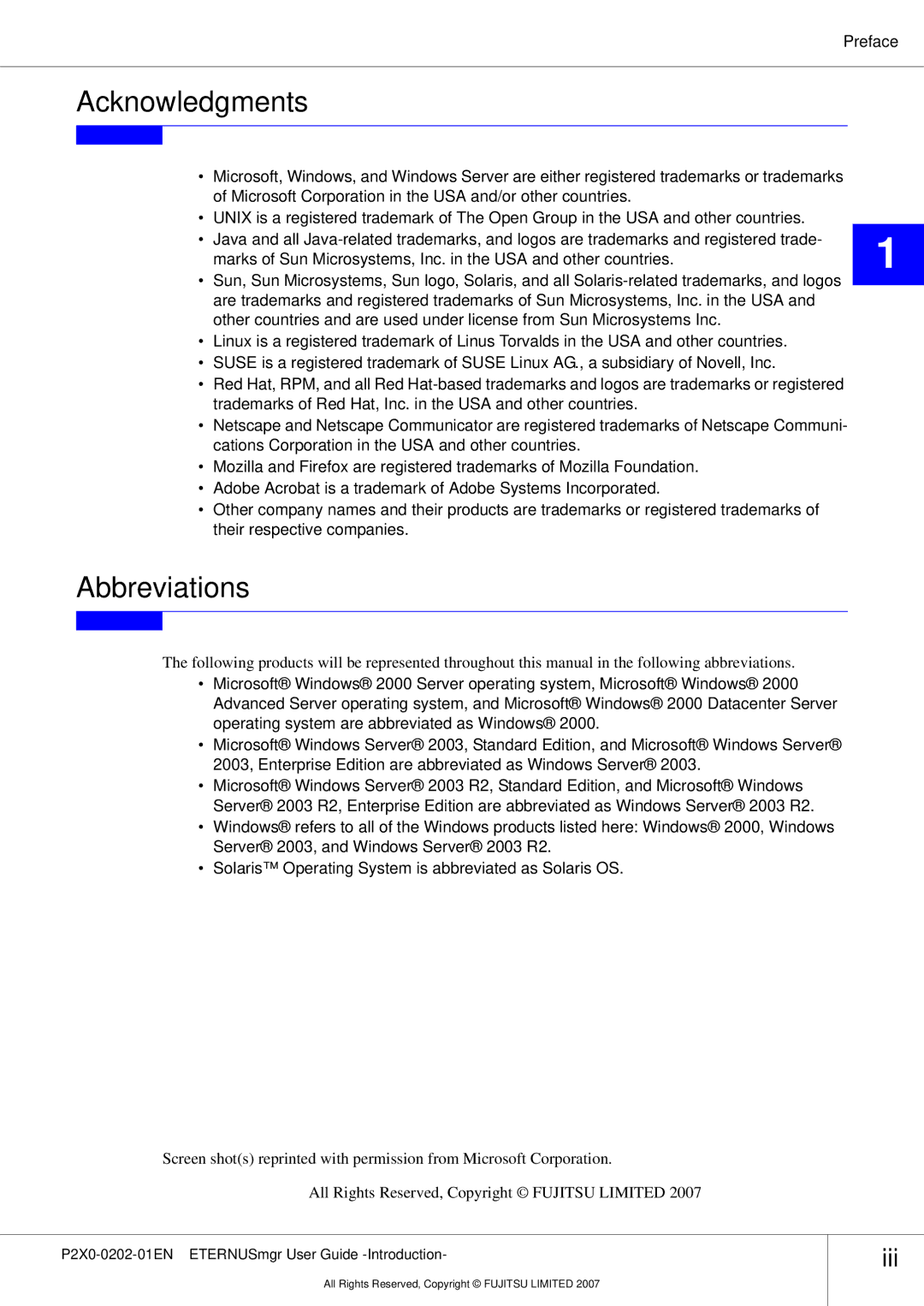 Fujitsu P2X0-0202-01EN manual Acknowledgments, Abbreviations 