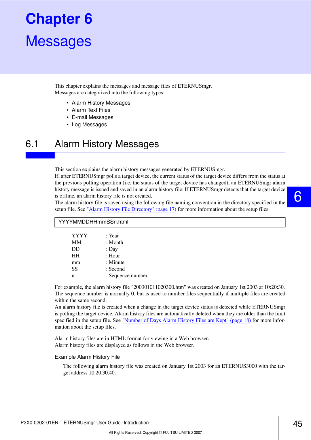 Fujitsu P2X0-0202-01EN manual Alarm History Messages, YYYYMMDDHHmmSSn.html, Yyyy, Example Alarm History File 