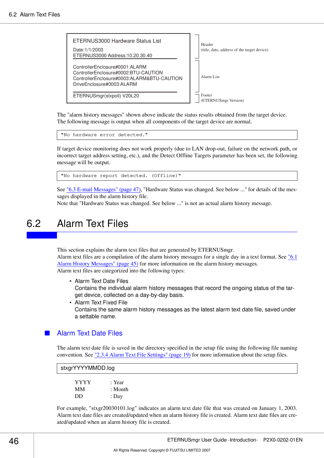 Fujitsu P2X0-0202-01EN manual Alarm Text Files, Alarm Text Date Files, StxgrYYYYMMDD.log 