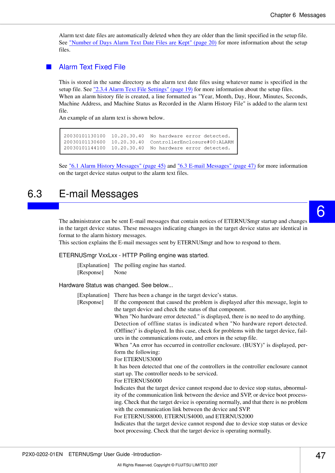 Fujitsu P2X0-0202-01EN manual Mail Messages, Alarm Text Fixed File, ETERNUSmgr VxxLxx Http Polling engine was started 