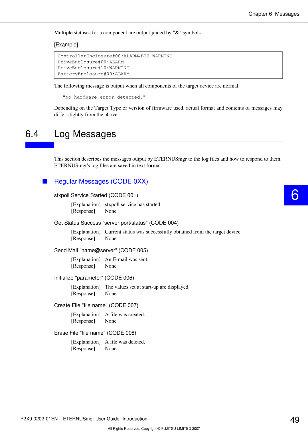 Fujitsu P2X0-0202-01EN manual Log Messages, Regular Messages Code 