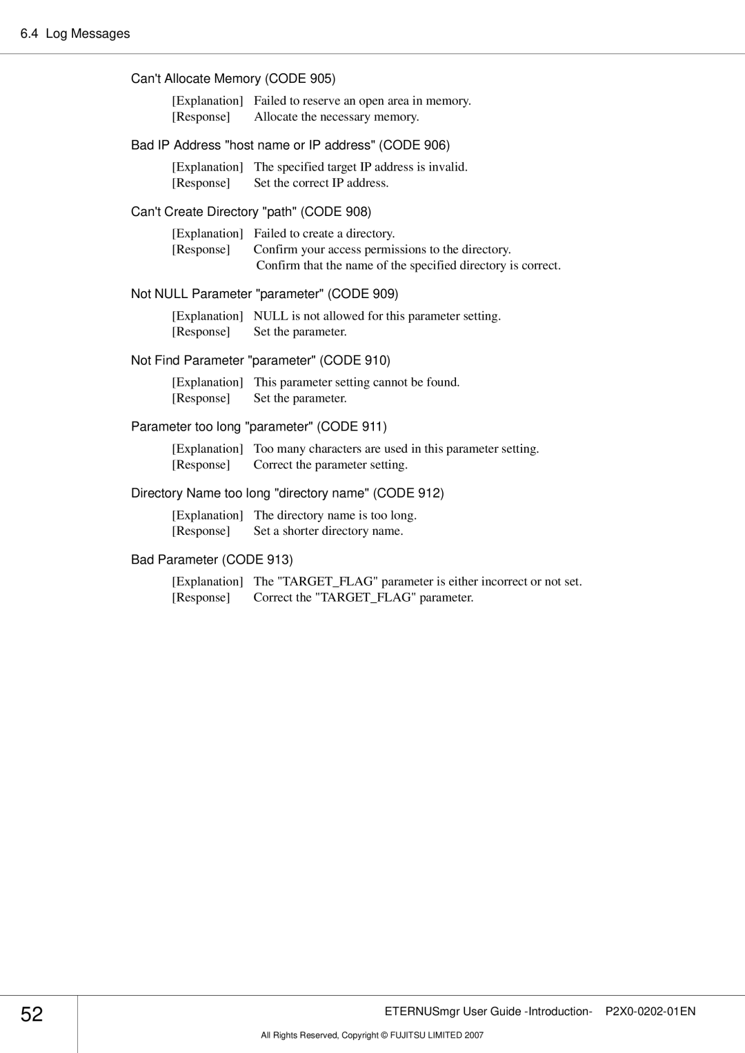 Fujitsu P2X0-0202-01EN manual Log Messages Cant Allocate Memory Code, Bad IP Address host name or IP address Code 