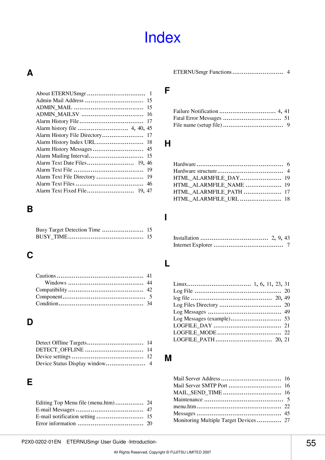Fujitsu P2X0-0202-01EN manual Index, Htmlalarmfilename Htmlalarmfilepath, Logfileday 