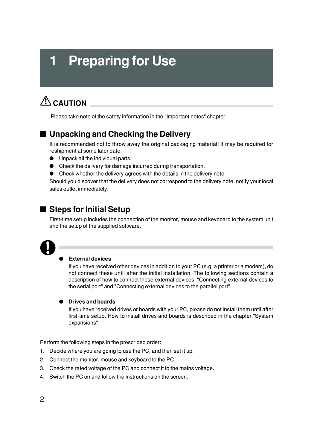 Fujitsu P300 user manual Preparing for Use, Unpacking and Checking the Delivery, Steps for Initial Setup, External devices 