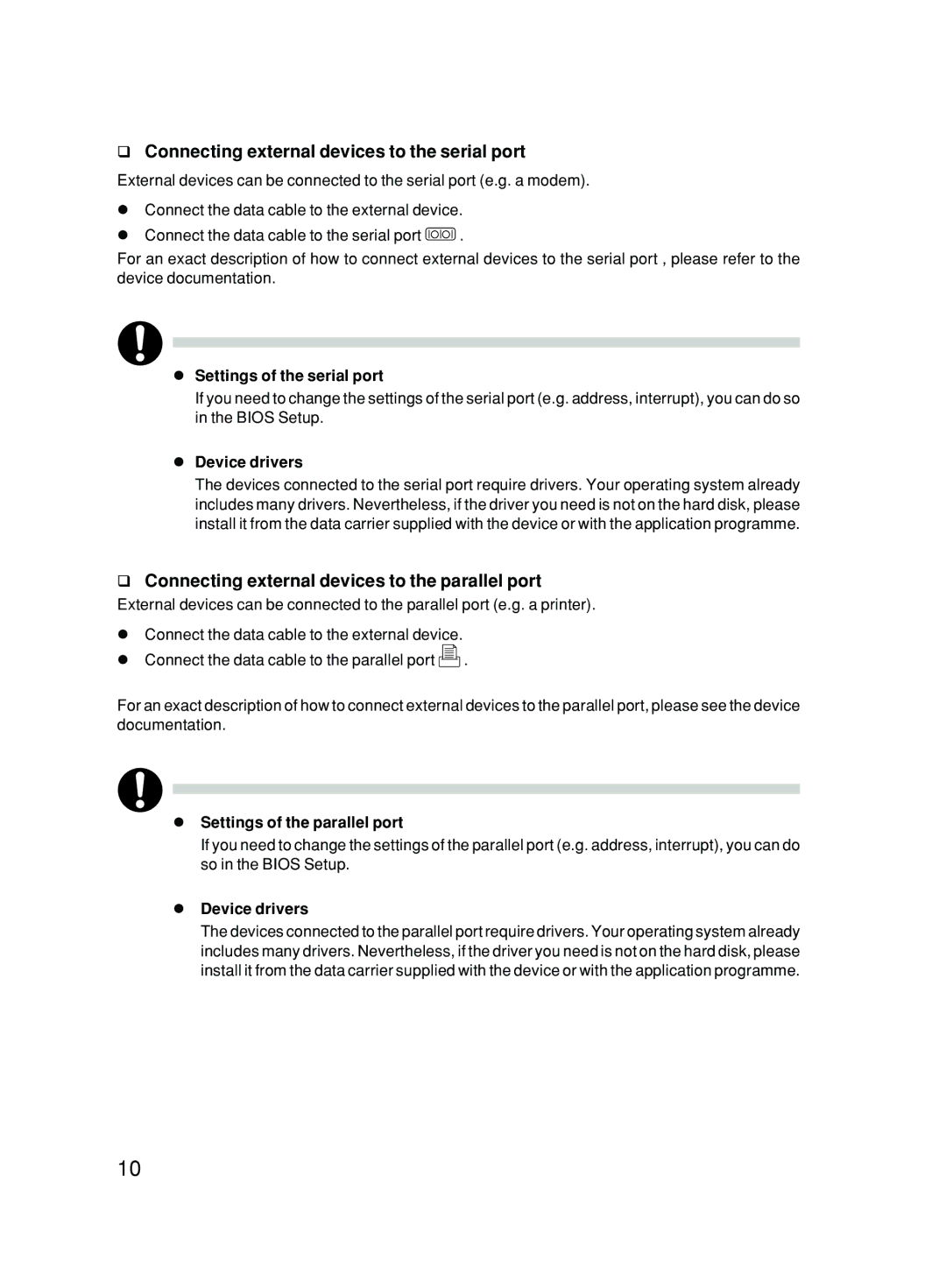 Fujitsu P300 user manual Connecting external devices to the serial port, Connecting external devices to the parallel port 