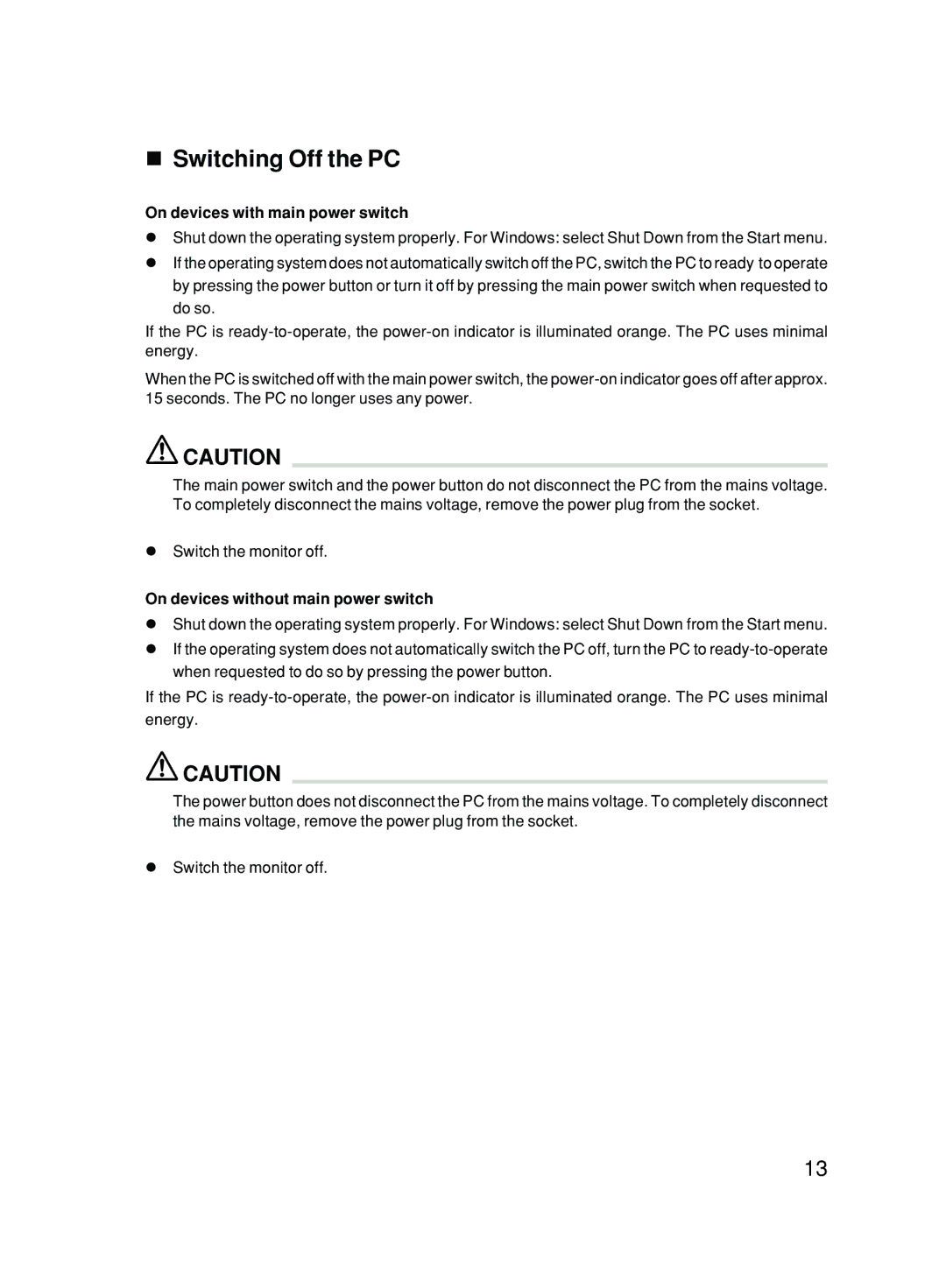 Fujitsu P300 user manual Switching Off the PC 