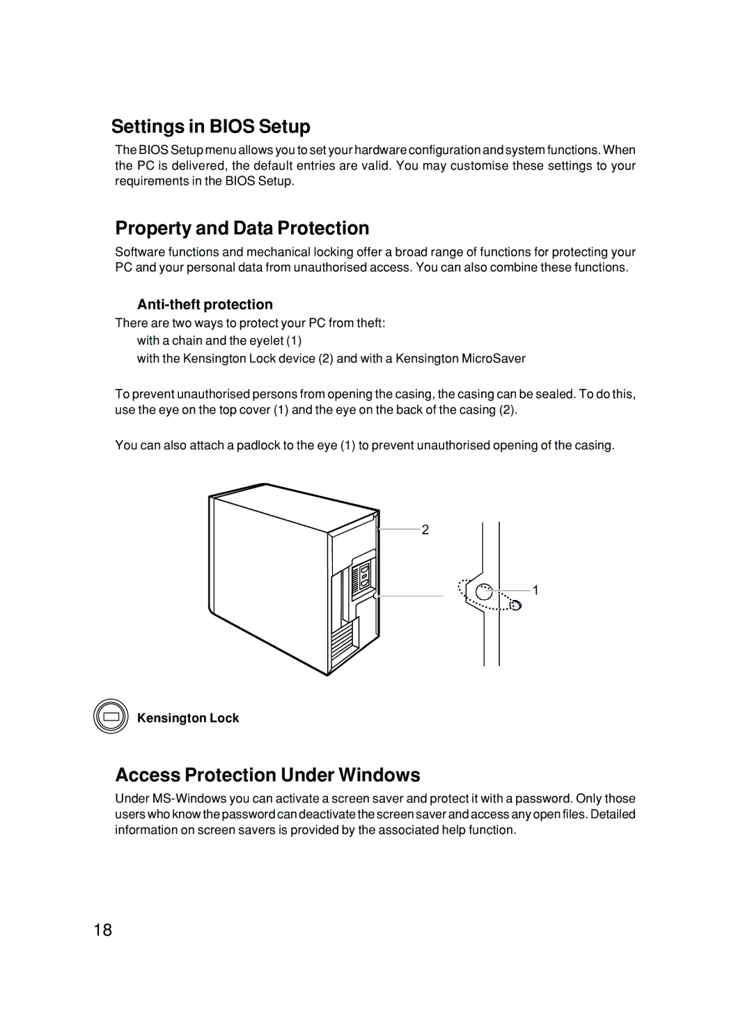 Fujitsu P300 Settings in Bios Setup, Property and Data Protection, Access Protection Under Windows, Anti-theft protection 