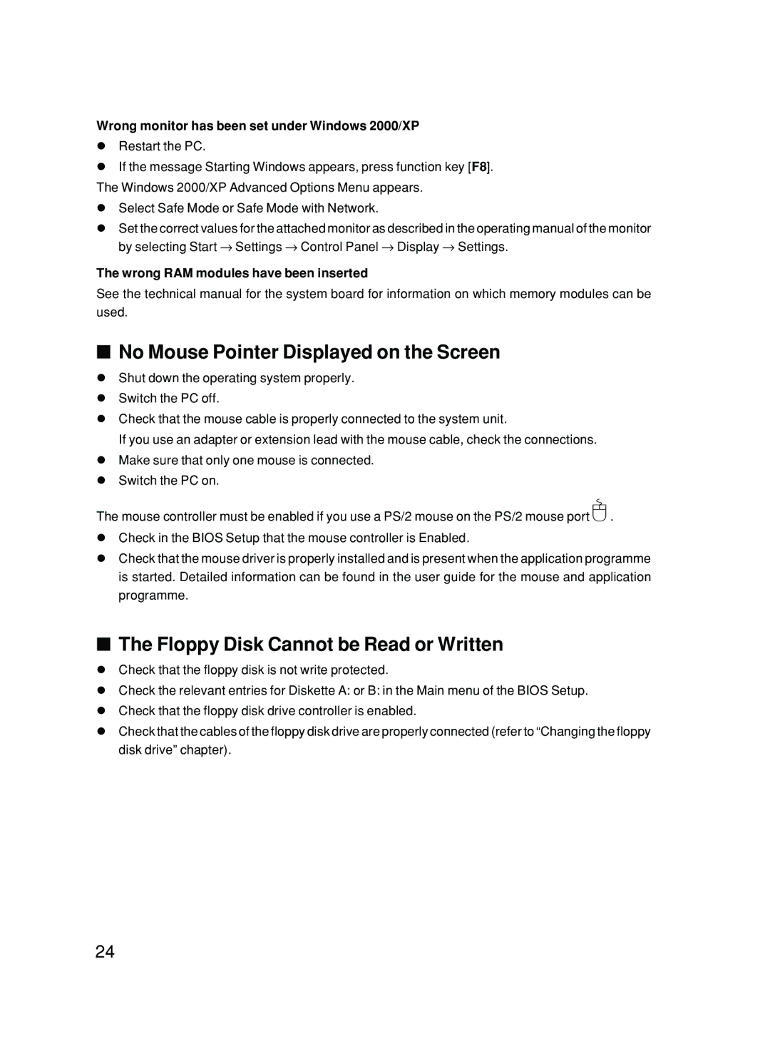 Fujitsu P300 user manual No Mouse Pointer Displayed on the Screen, Floppy Disk Cannot be Read or Written 