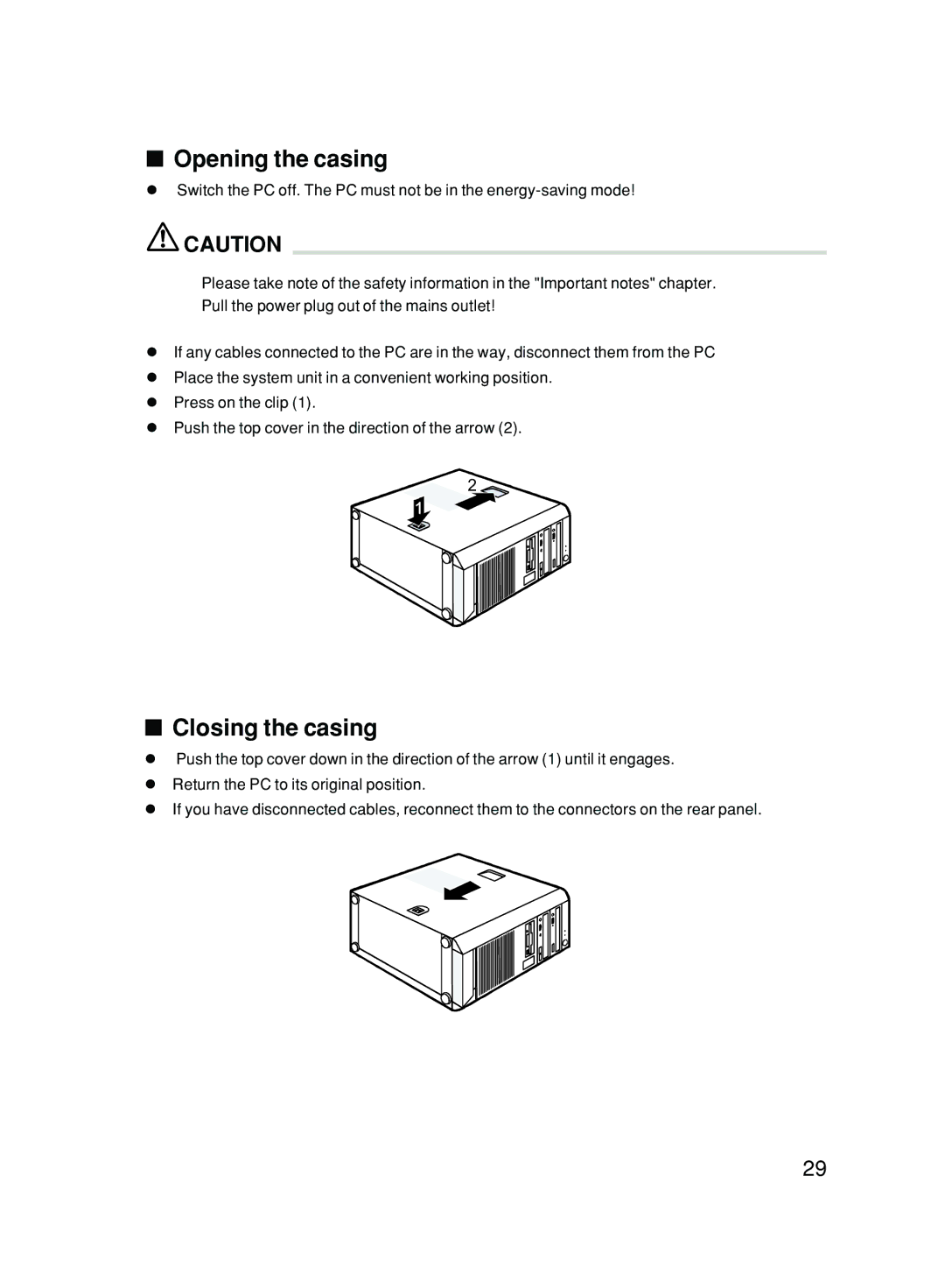 Fujitsu P300 user manual Opening the casing, Closing the casing 