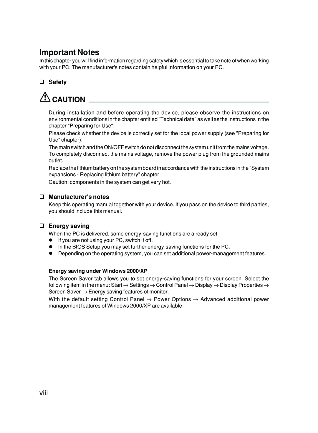 Fujitsu P300 user manual Important Notes, Safety, Manufacturer’s notes, Energy saving under Windows 2000/XP 