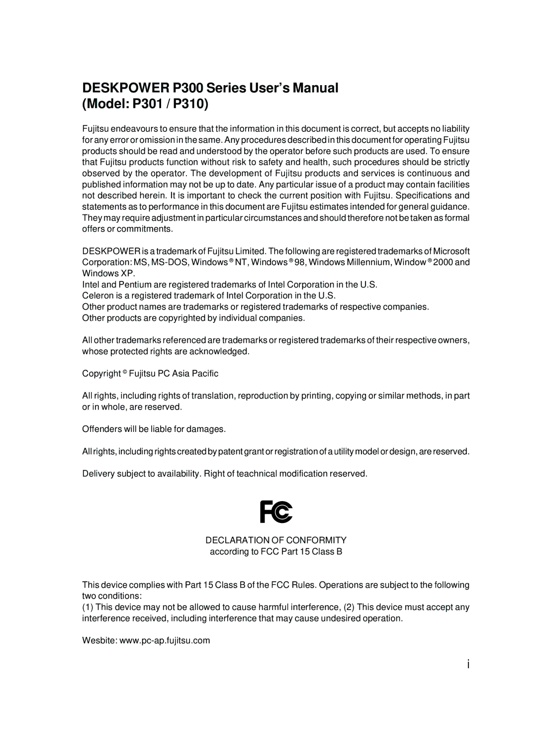 Fujitsu user manual Deskpower P300 Series User’s Manual Model P301 / P310 