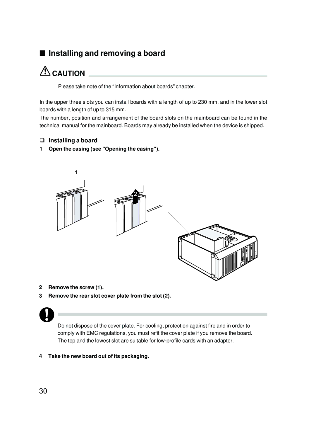 Fujitsu P310, P301 user manual Installing and removing a board, Installing a board, Take the new board out of its packaging 