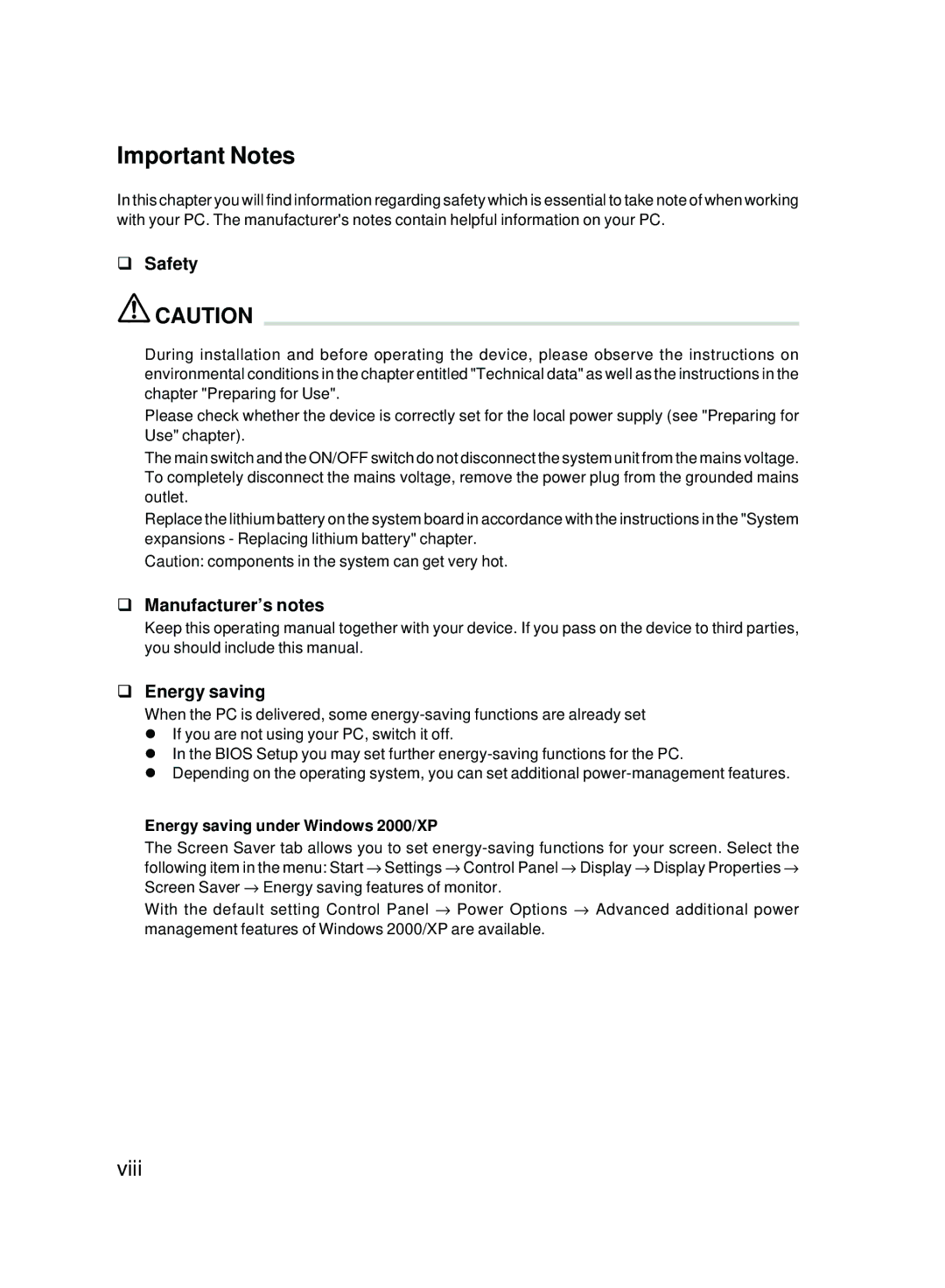 Fujitsu P310, P301 user manual Important Notes, Safety, Manufacturer’s notes, Energy saving under Windows 2000/XP 