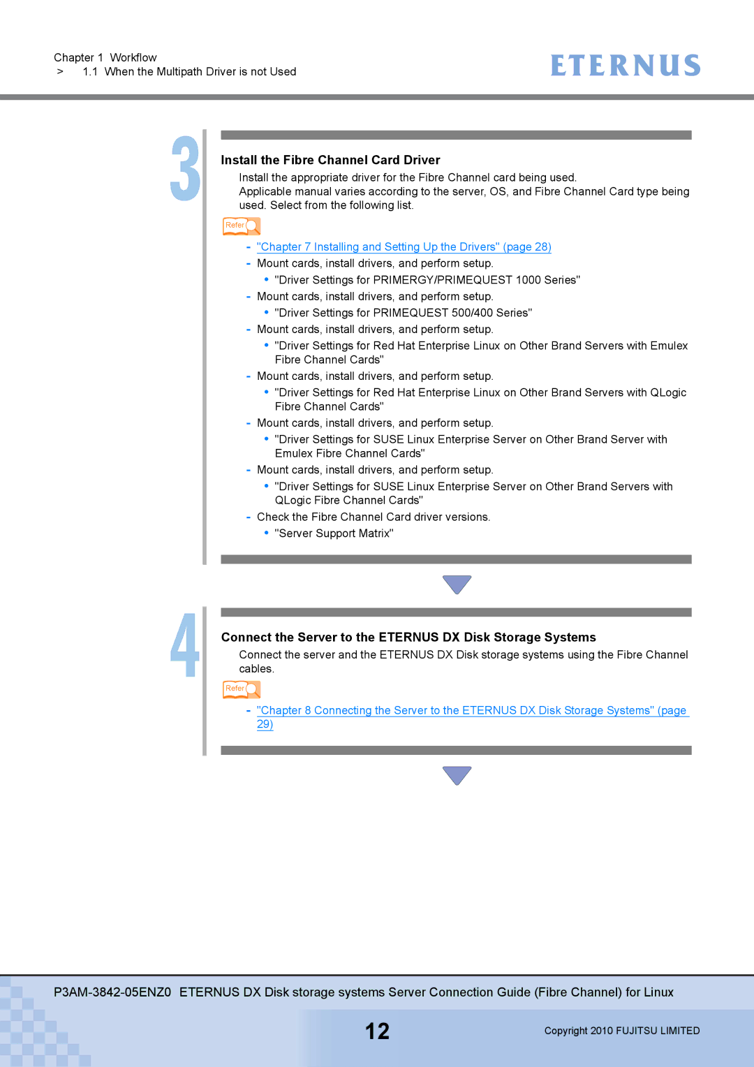 Fujitsu P3AM-3842-05ENZ0 Install the Fibre Channel Card Driver, Connect the Server to the Eternus DX Disk Storage Systems 