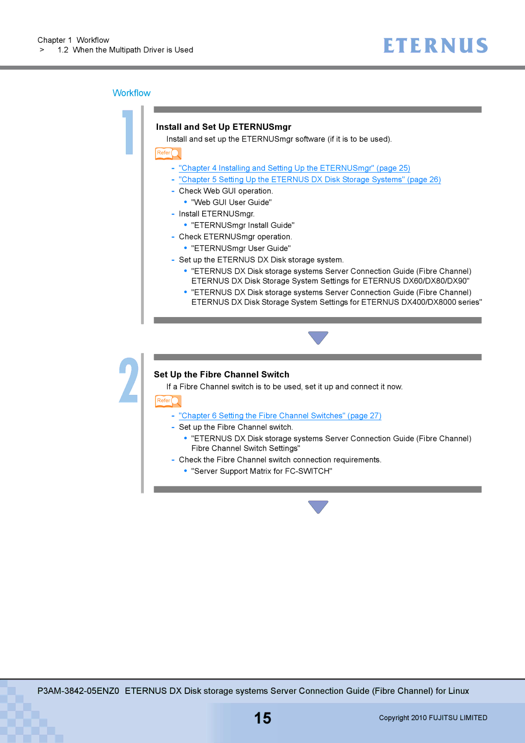 Fujitsu P3AM-3842-05ENZ0 manual Install and Set Up ETERNUSmgr, Set Up the Fibre Channel Switch 