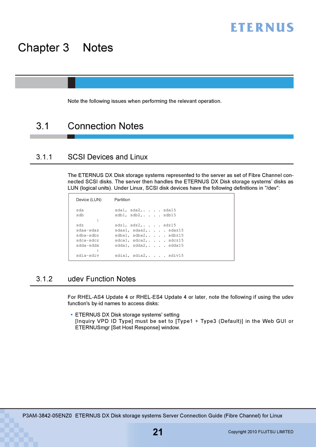 Fujitsu P3AM-3842-05ENZ0 manual Connection Notes, Scsi Devices and Linux 