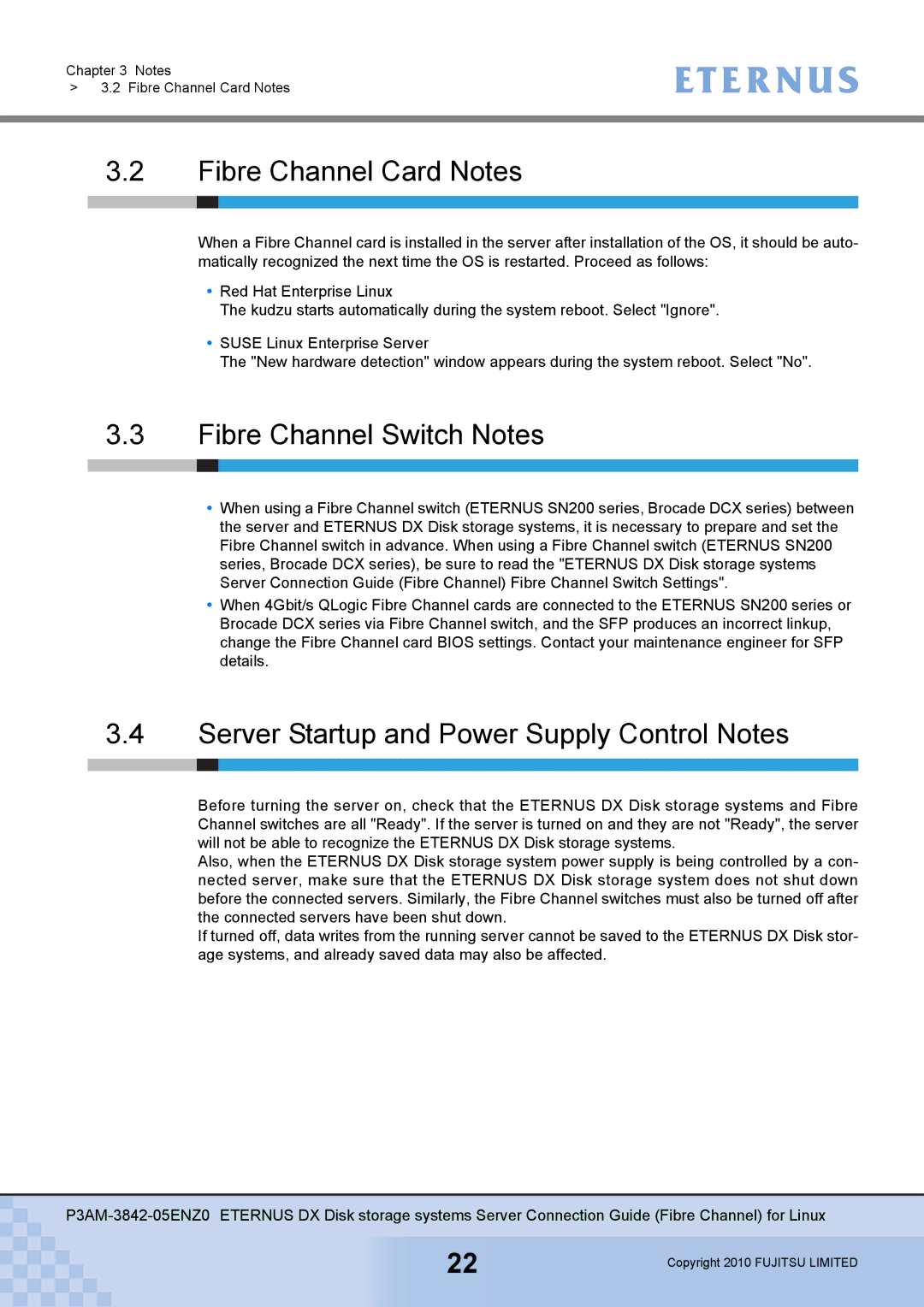 Fujitsu P3AM-3842-05ENZ0 manual Fibre Channel Card Notes, Fibre Channel Switch Notes 