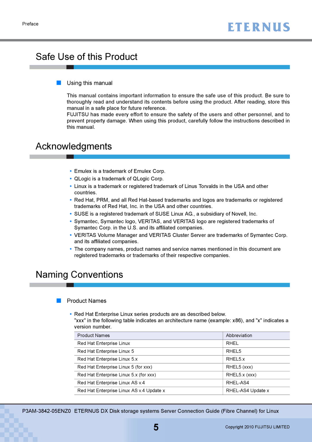 Fujitsu P3AM-3842-05ENZ0 manual Safe Use of this Product, Acknowledgments, Naming Conventions 