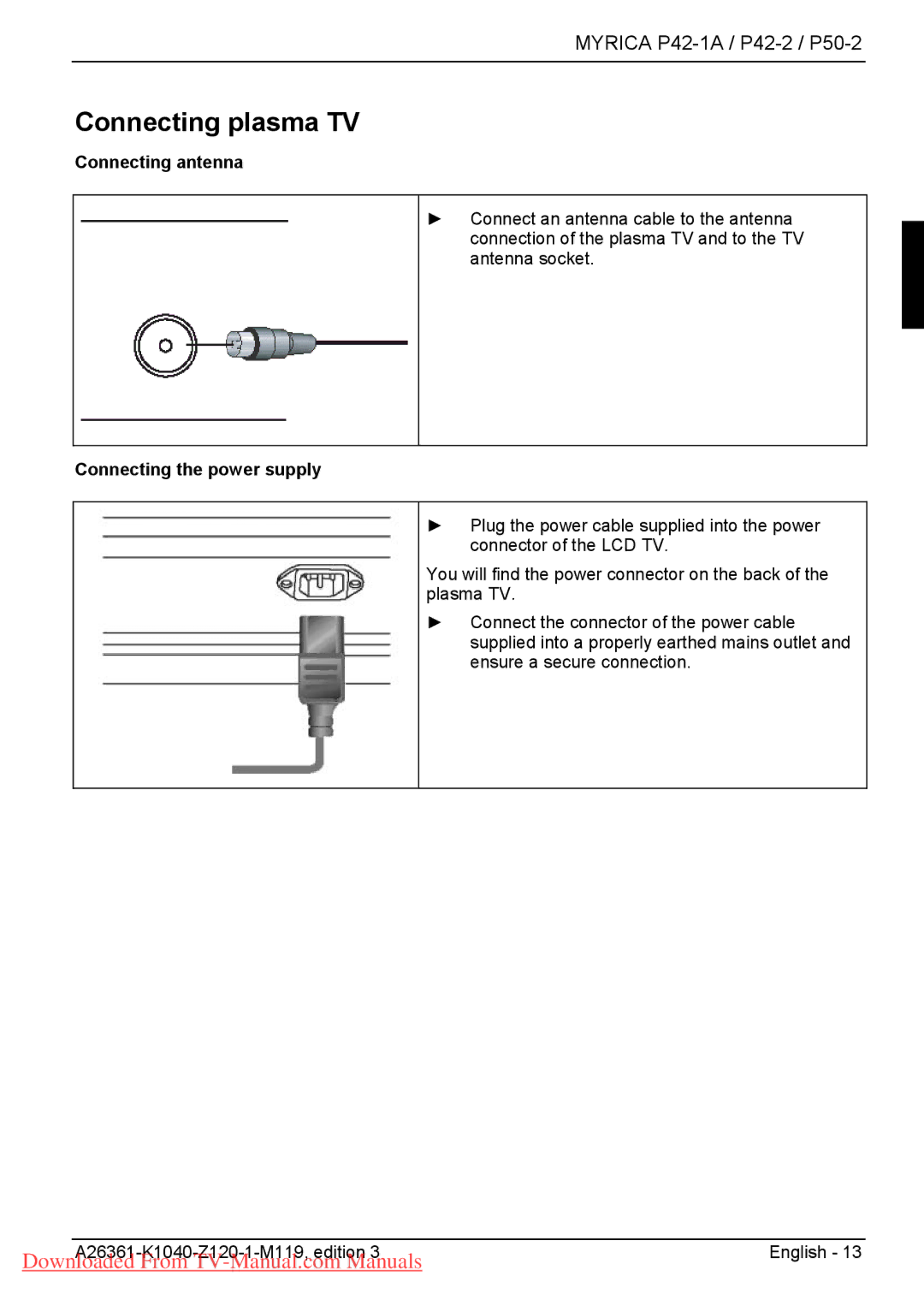 Fujitsu P42-2, P42-1A, P50-2 manual Connecting plasma TV, Connecting antenna, Connecting the power supply 