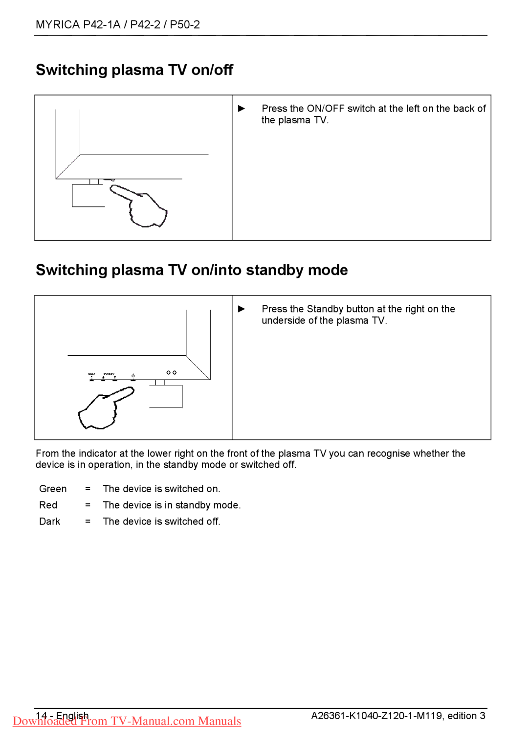 Fujitsu P42-1A, P42-2, P50-2 manual Switching plasma TV on/off, Switching plasma TV on/into standby mode 