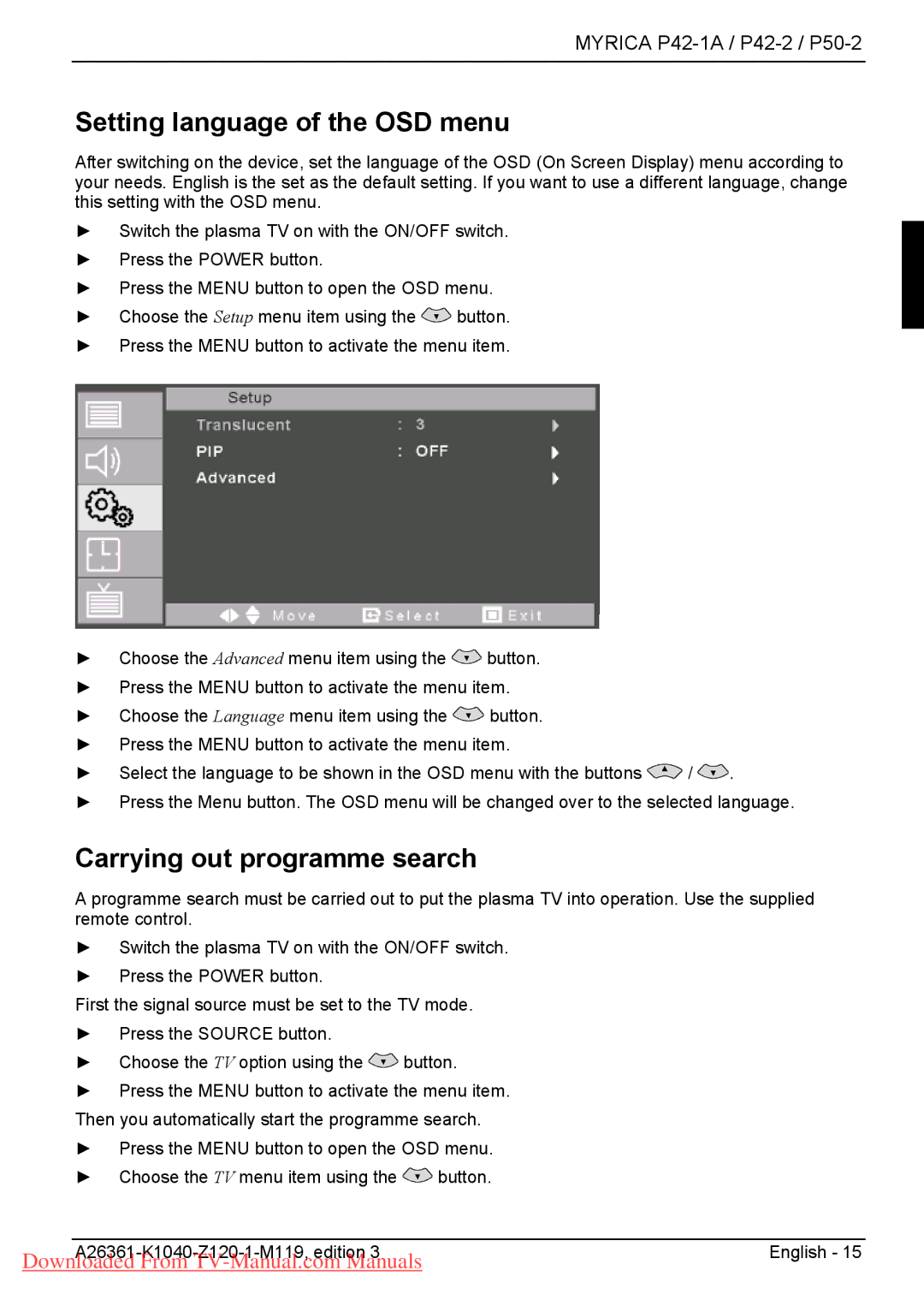 Fujitsu P50-2, P42-2, P42-1A manual Setting language of the OSD menu, Carrying out programme search 