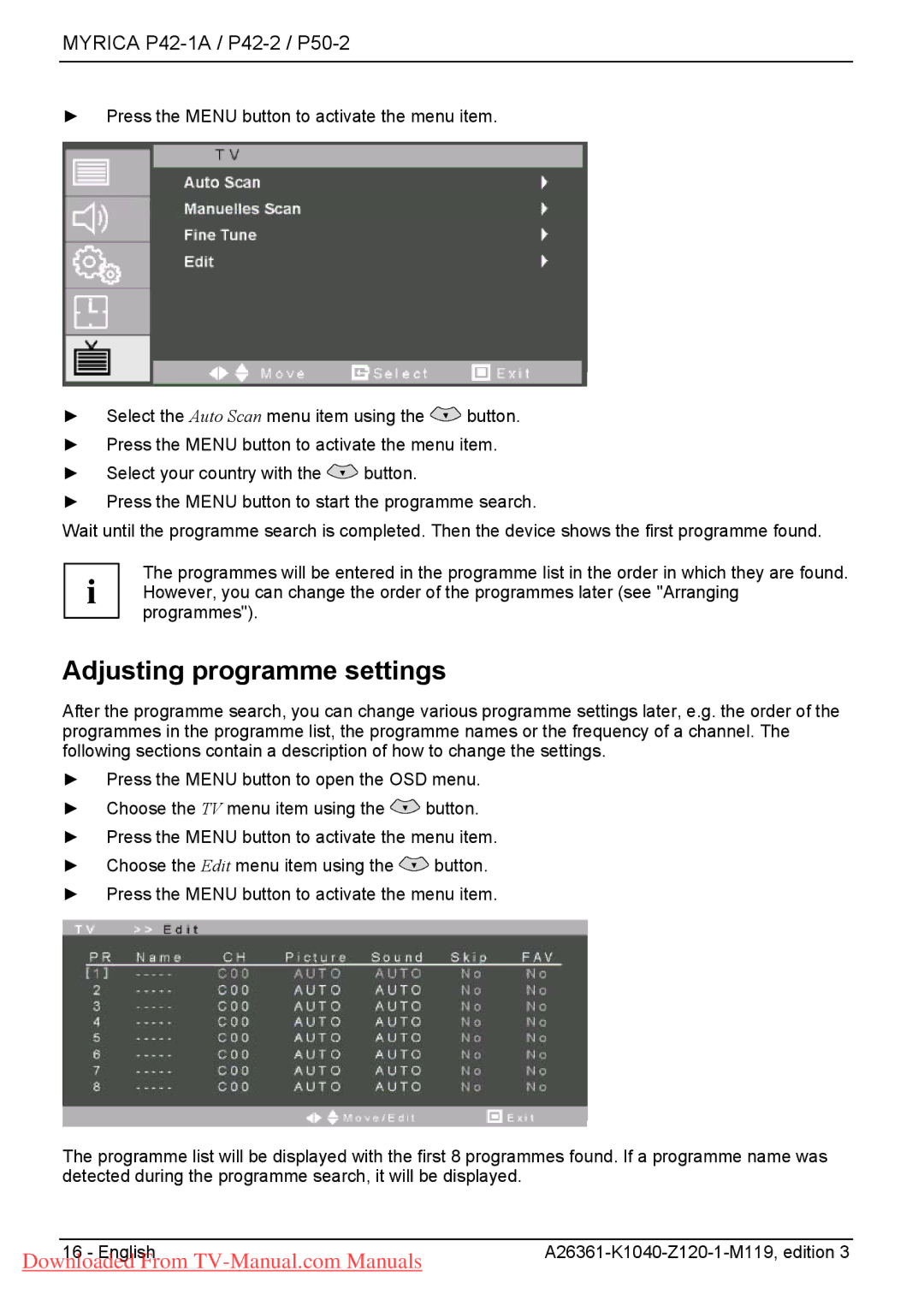 Fujitsu P42-2, P42-1A, P50-2 manual Adjusting programme settings 