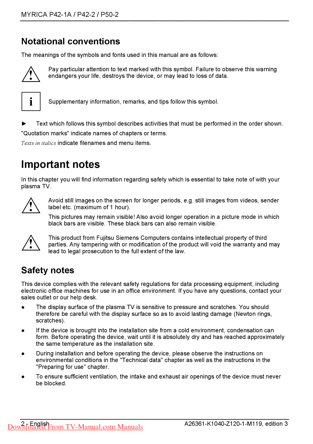 Fujitsu P42-1A, P42-2, P50-2 manual Important notes, Notational conventions, Safety notes 