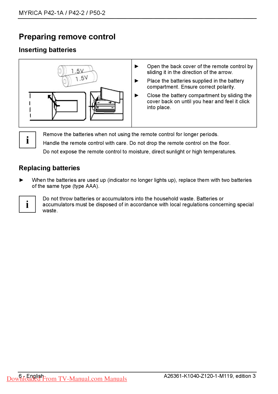 Fujitsu P50-2, P42-2, P42-1A manual Preparing remove control, Inserting batteries, Replacing batteries 