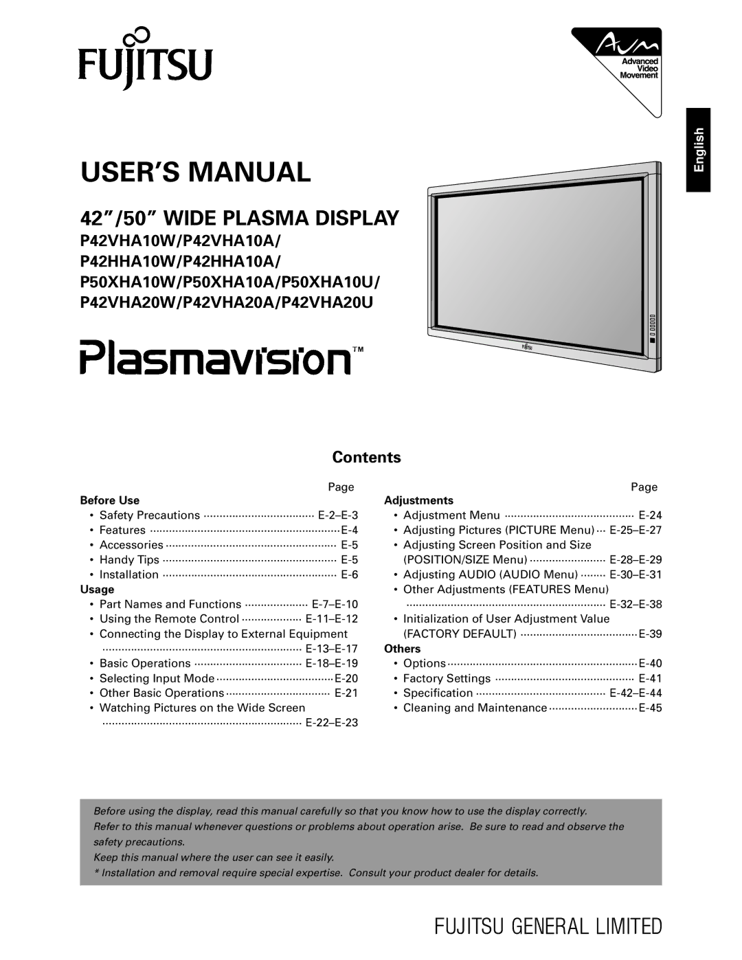 Fujitsu P42HHA10W, P42HHA10A, P42VHA10W, P42VHA20A, P42VHA20W, P42VHA10A, P42VHA20U, P50XHA10W user manual USER’S Manual 