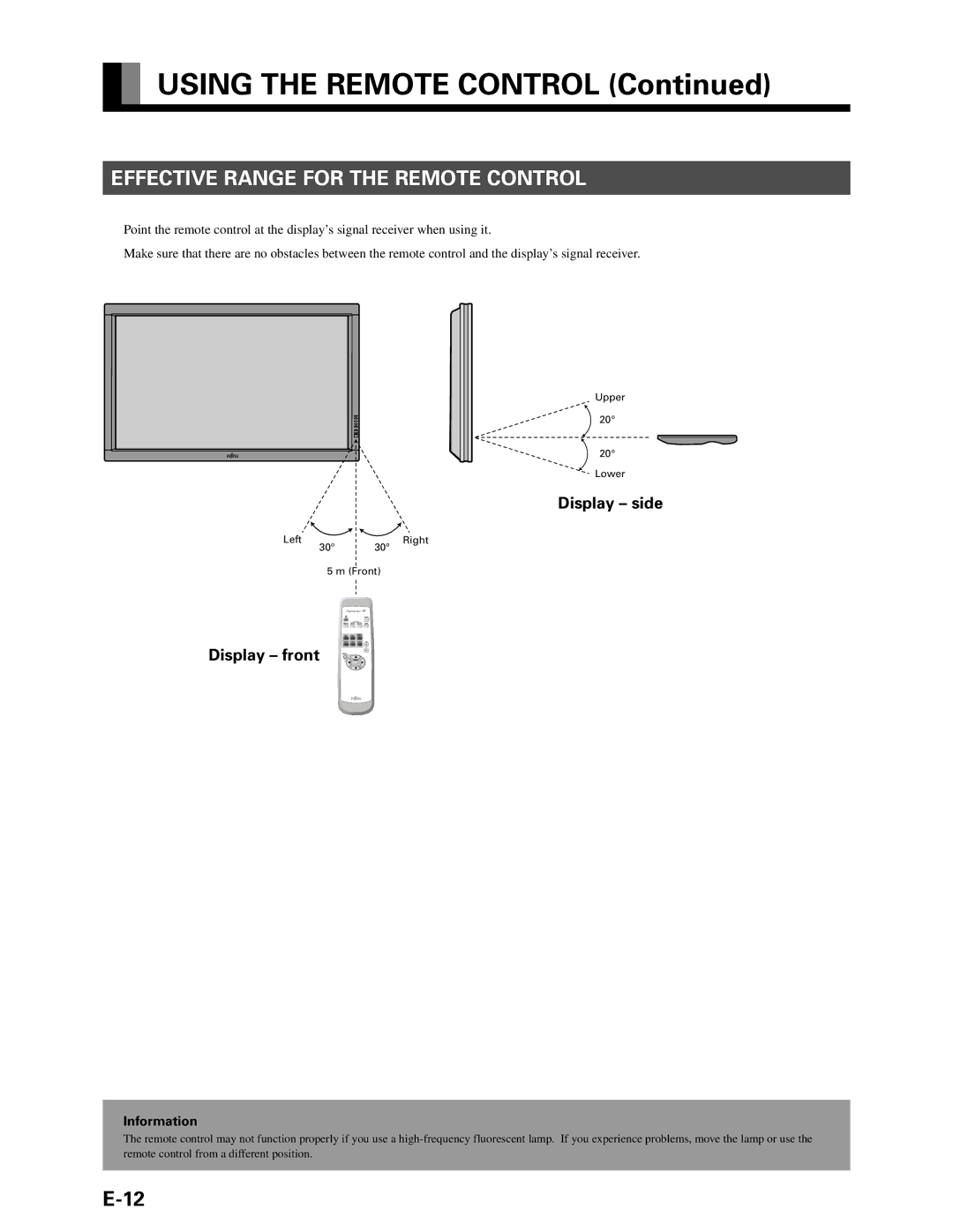 Fujitsu P42VHA10W, P42HHA10A, P42HHA10W, P42VHA20A Effective Range for the Remote Control, Display side, Display front 