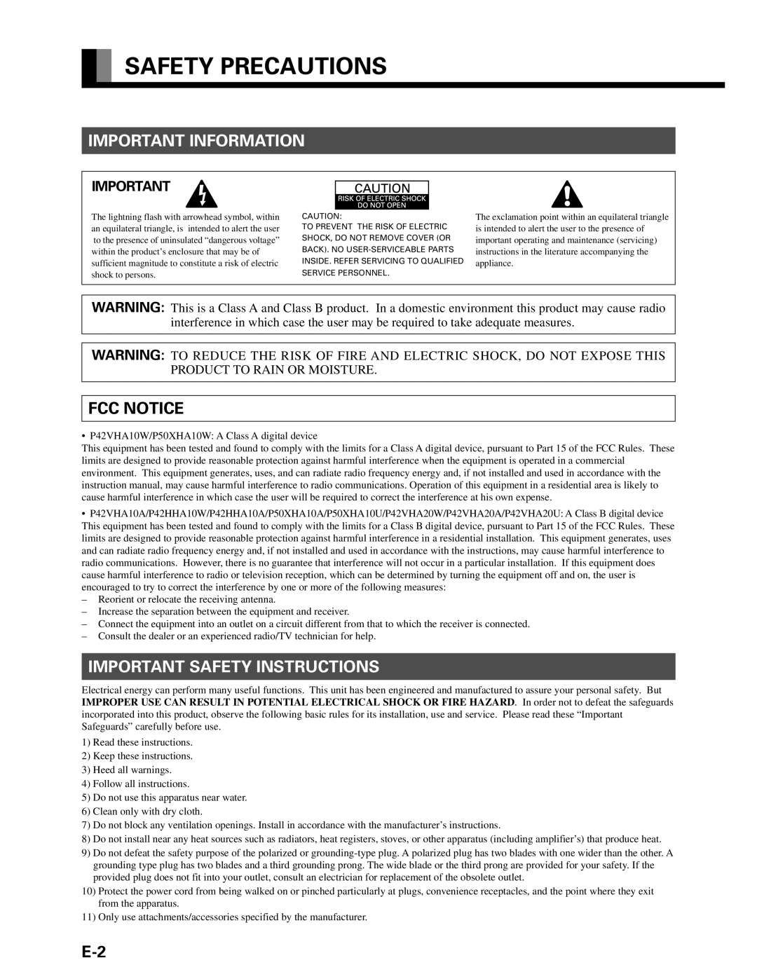 Fujitsu P42VHA10W, P42HHA10A, P42HHA10W, P42VHA20A Safety Precautions, Important Information, Important Safety Instructions 