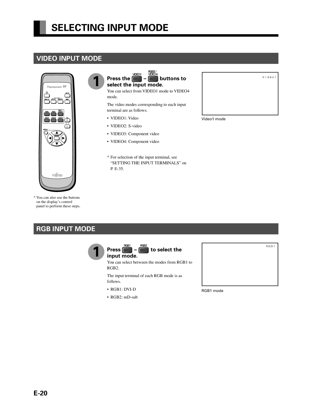 Fujitsu P42HHA10A Selecting Input Mode, Video Input Mode, RGB Input Mode, Press the buttons to select the input mode 